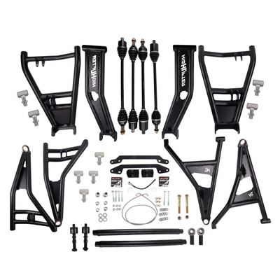 High Lifter long travel kits are engineered to keep your machine planted even when driving off camber. This kit features a full set of front and rear control arms, heavy duty tie rods, and axles.