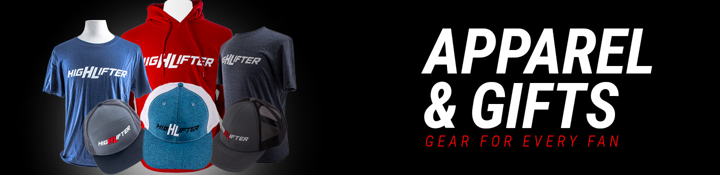 Apparel and Gifts category header featuring an assortment of High Lifter shirts, hoodies, and hats so you can represent the brand wherever you go